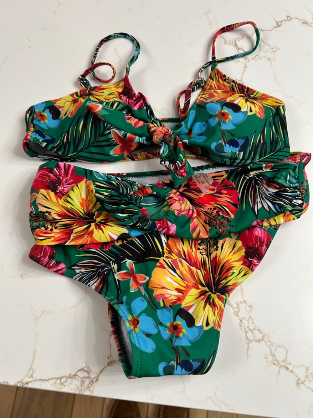 Tropical Floral Bikini Set in Green with Yellow & Pink Blooms